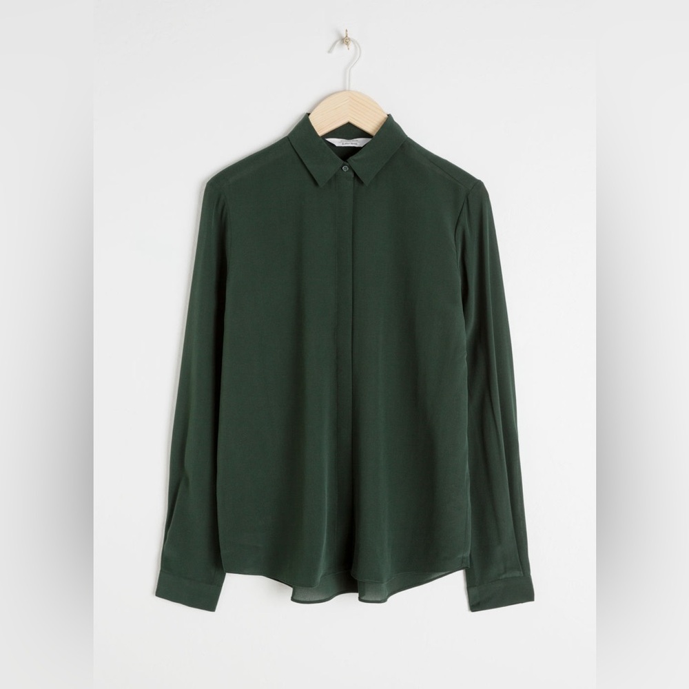 & Other Stories Dark Green Silk Button-Down Shirt - Picture 8 of 8